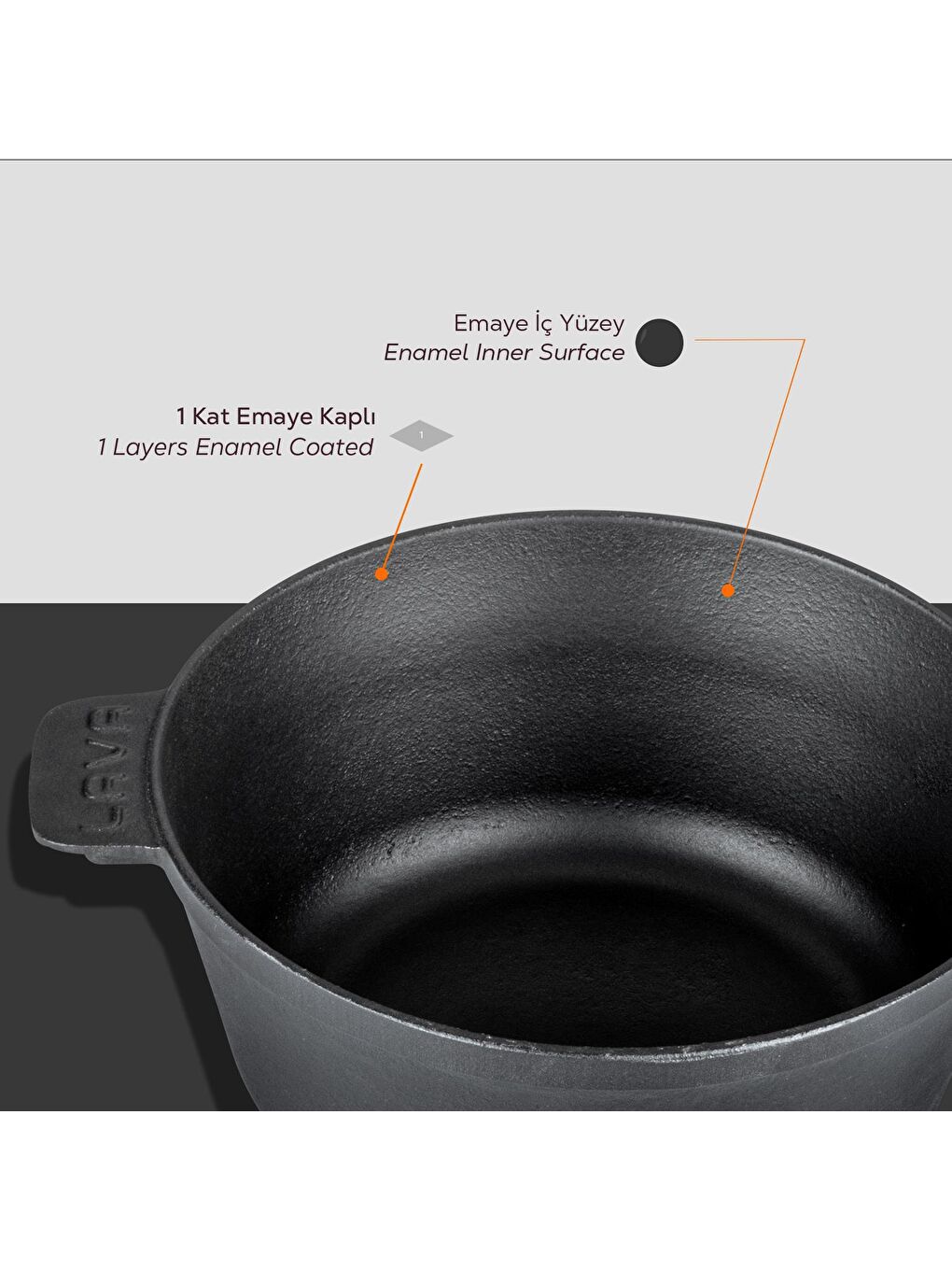 LAVA Siyah Yuvarlak Tencere Döküm Demir Yekpare Kulplu. Çap(Ø)26cm. - 5