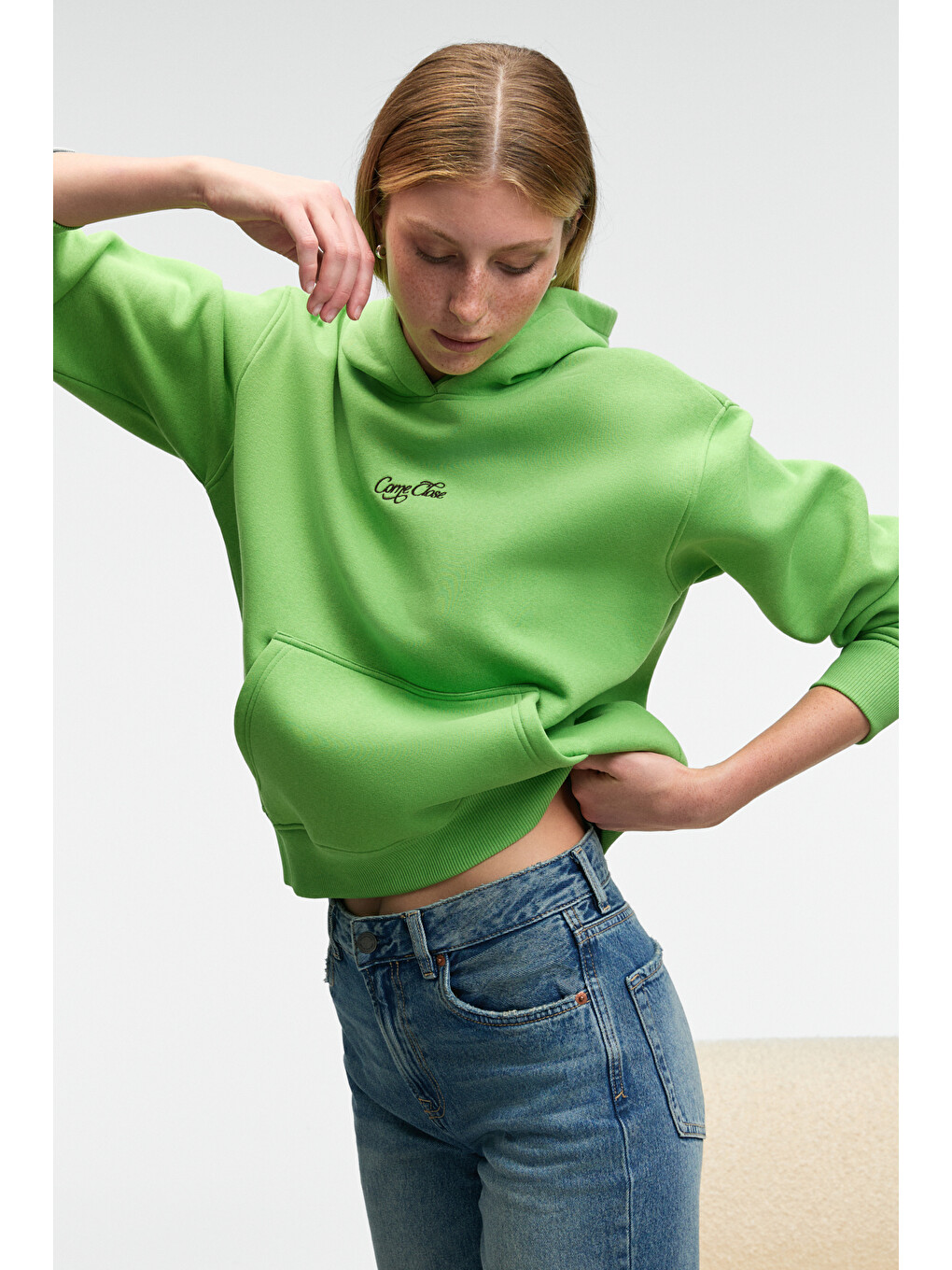 Melurea Kadın Nakışlı Kapüşonlu Comfort Fit Fıstık Yeşili Sweatshirt-3