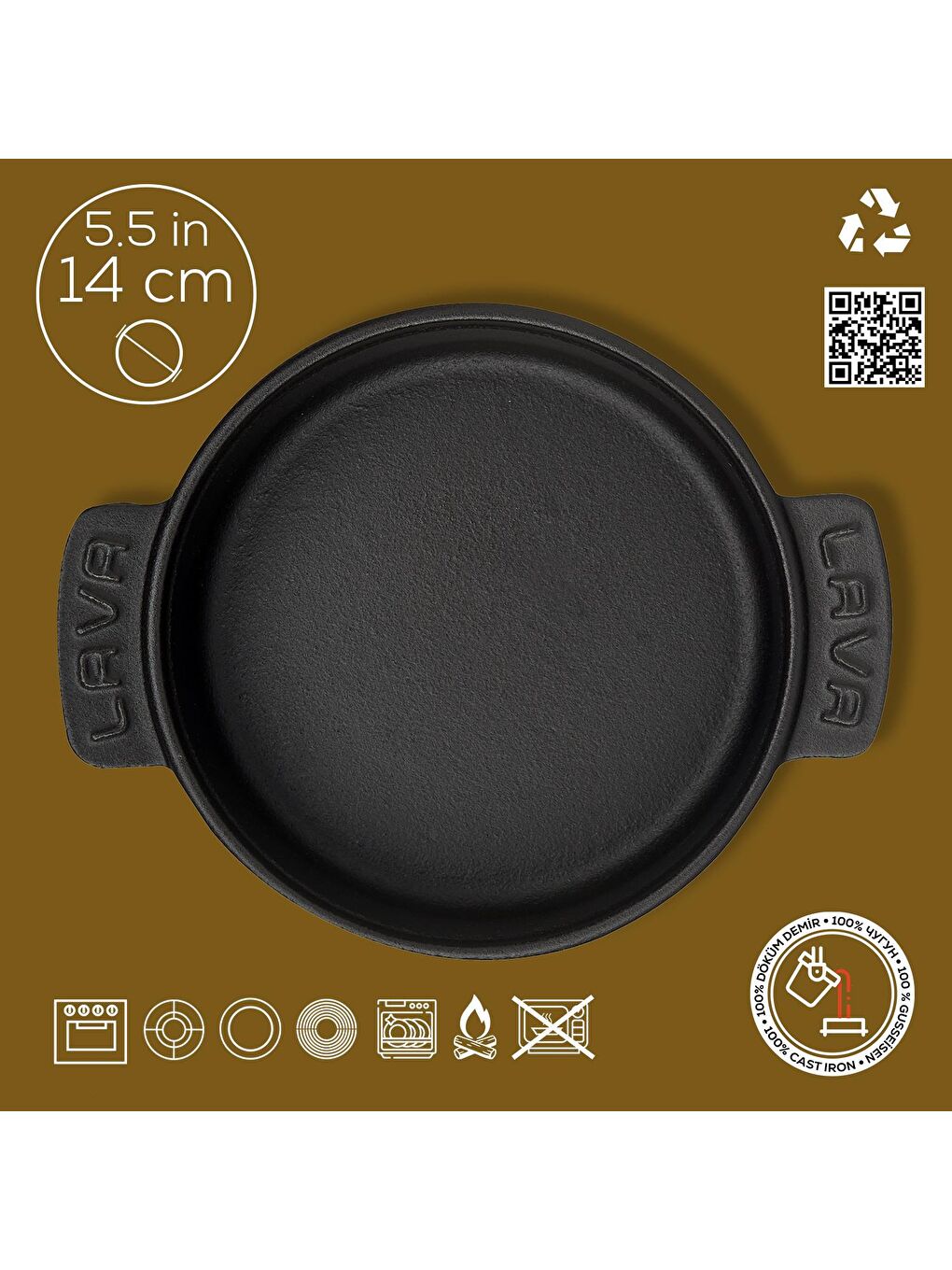 Siyah Yuvarlak Güveç Kabı Döküm Demir Yekpare Çift Kulplu Çap(Ø)14cm.-2