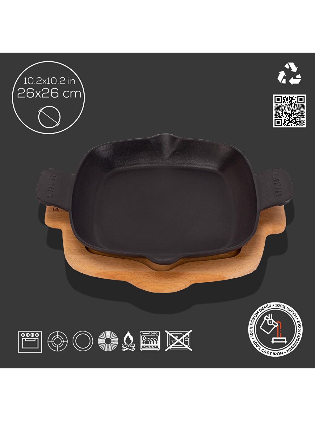 Siyah Kızartma Tavası Kayın Servis Ahşabı Döküm Demir Yekpare Çift Kulplu Ölçü 26x26cm.-1