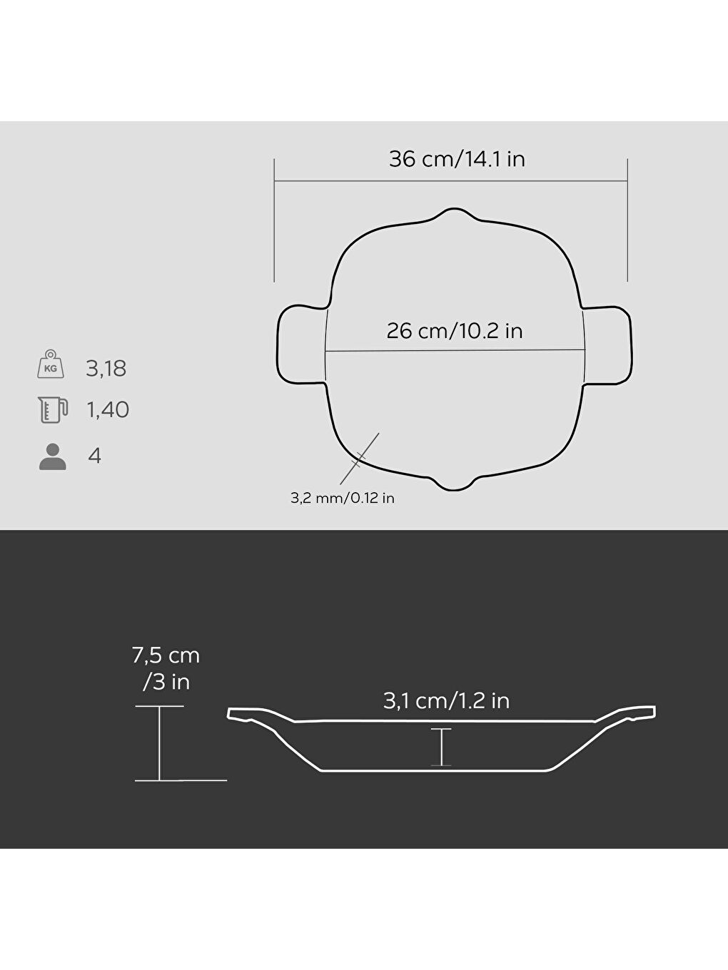 Siyah Kızartma Tavası Kayın Servis Ahşabı Döküm Demir Yekpare Çift Kulplu Ölçü 26x26cm.-2