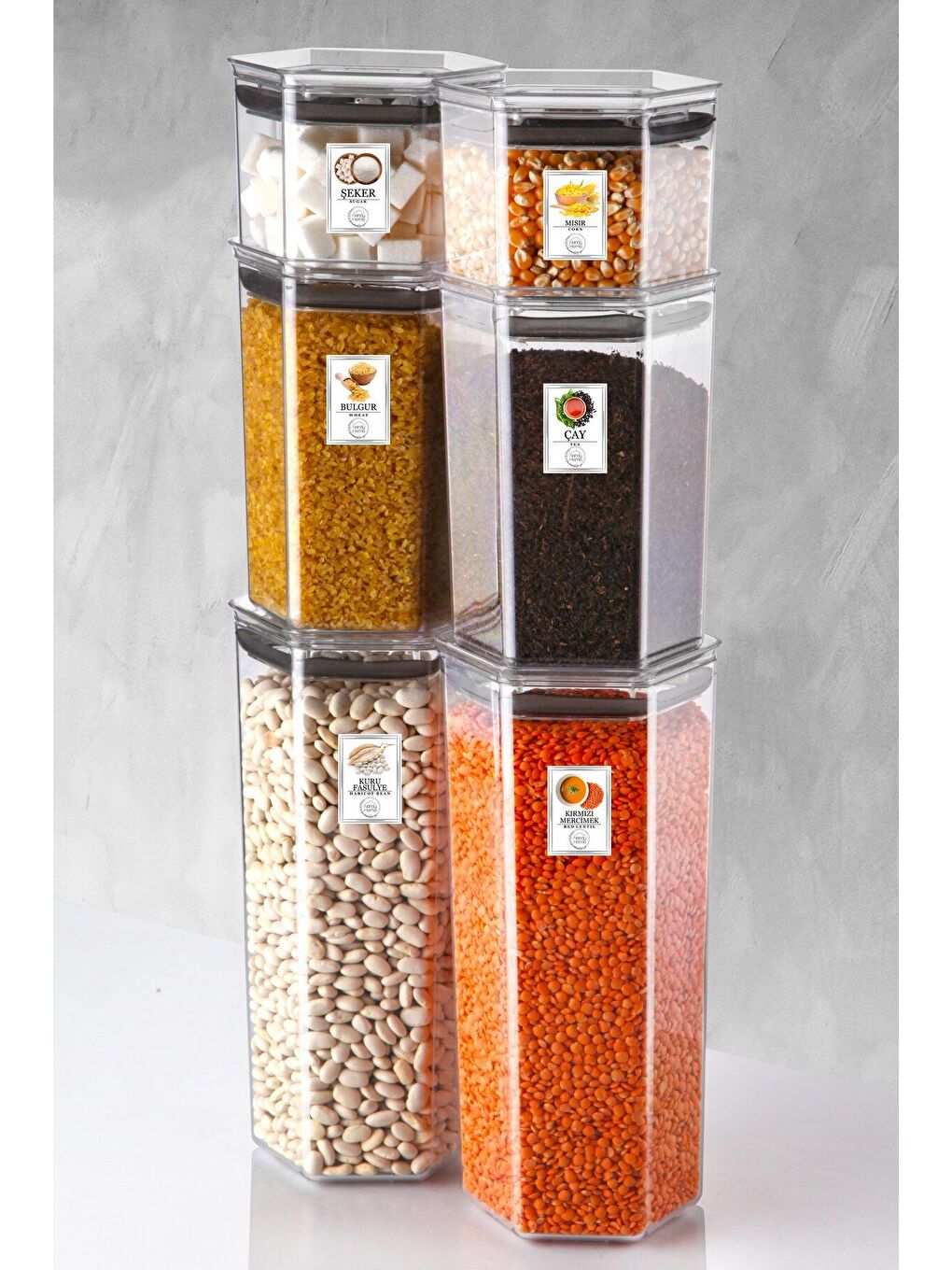Renksiz 6 Lı Set Etiketli  Silikon Contalı Altıgen Erzak Saklama Kabı Seti-1