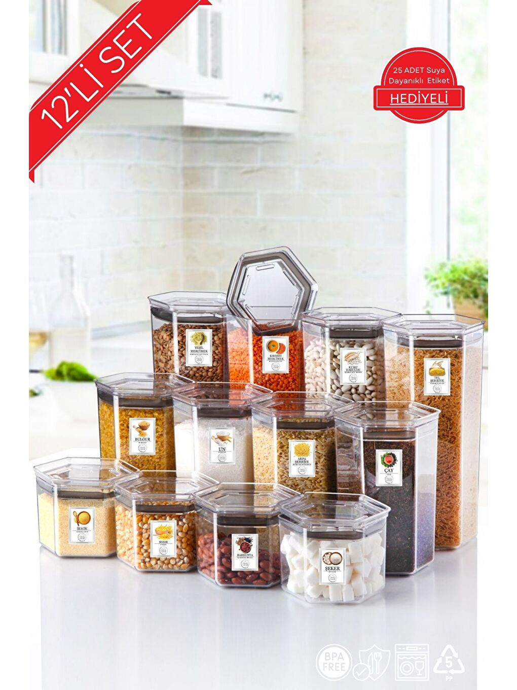 Renksiz 12 Li Set Set Etiketli  Silikon Contalı Altıgen Erzak Saklama Kabı Seti