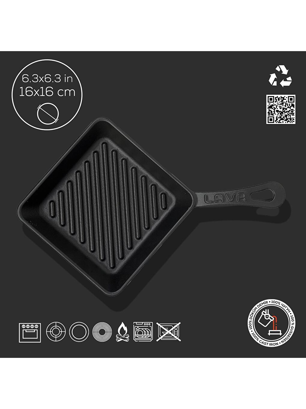 Siyah Mini Kare Izgara Tava Döküm Demir Yekpare Saplı Ölçü 16x16cm.-3