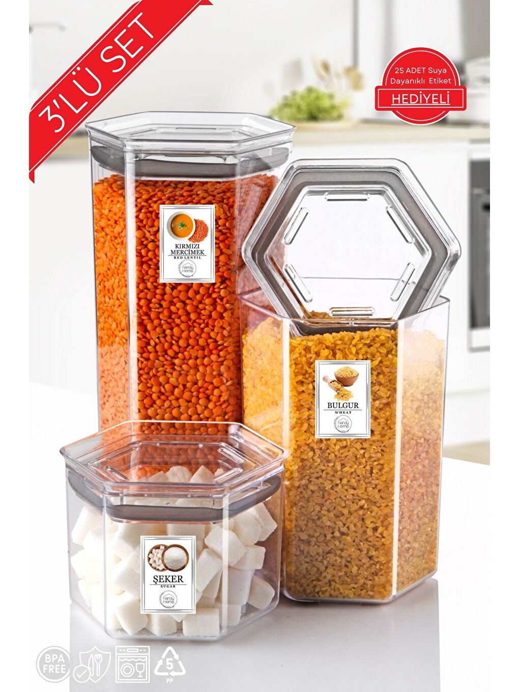 Renksiz 3 Lü Set Etiketli  Silikon Contalı Altıgen Erzak Saklama Kabı Seti