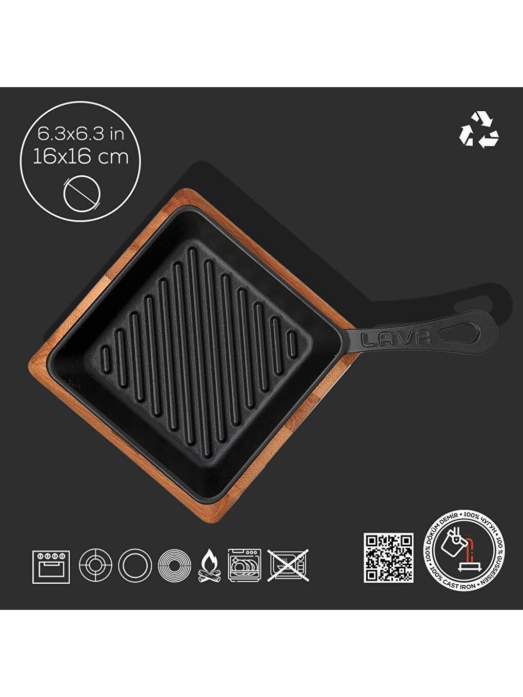 Siyah Mini Kare Izgara Tava Kayın Ahşap Altlıklı Döküm Demir Yekpare Saplı Ölçü 16x16cm.-3