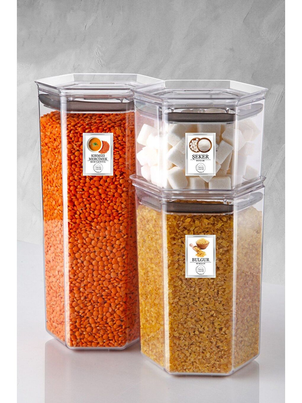 Renksiz 3 Lü Set Etiketli  Silikon Contalı Altıgen Erzak Saklama Kabı Seti-2
