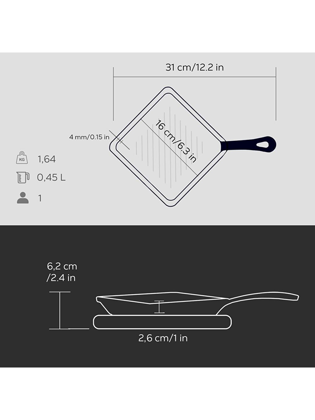 Siyah Mini Kare Izgara Tava Kayın Ahşap Altlıklı Döküm Demir Yekpare Saplı Ölçü 16x16cm.-4