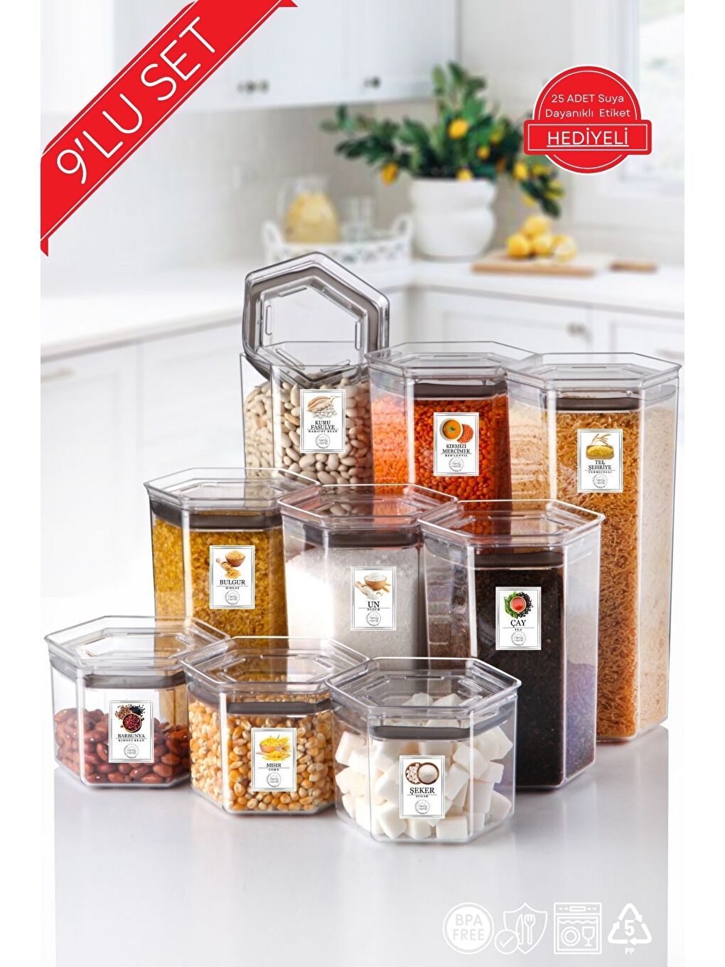 Renksiz 9 Lu Set Set Etiketli  Silikon Contalı Altıgen Erzak Saklama Kabı Seti