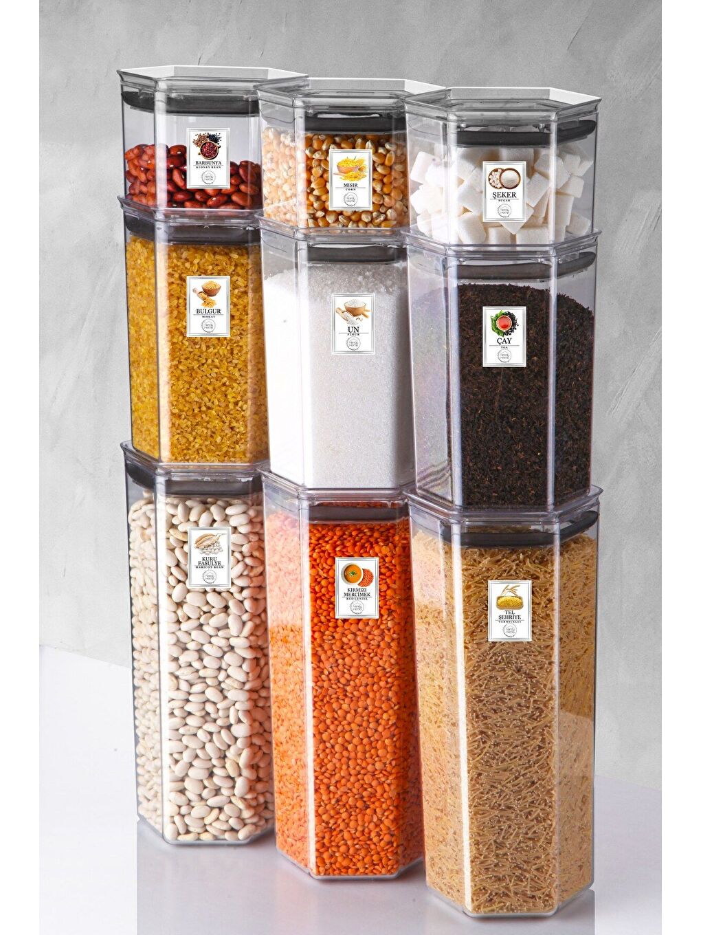 Renksiz 9 Lu Set Set Etiketli  Silikon Contalı Altıgen Erzak Saklama Kabı Seti-2