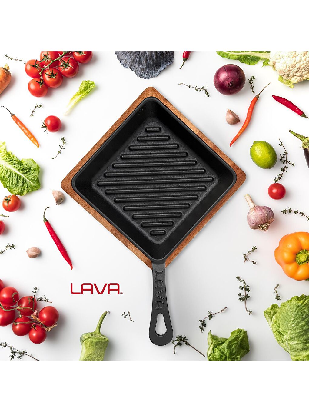 Siyah Mini Kare Izgara Tava Kayın Ahşap Altlıklı Döküm Demir Yekpare Saplı Ölçü 16x16cm.-6