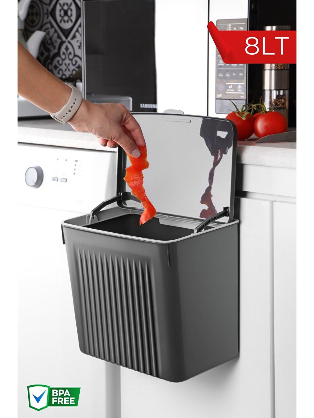 Antrasit Askılı Fonksiyonel Çöp Kutusu 8Lt