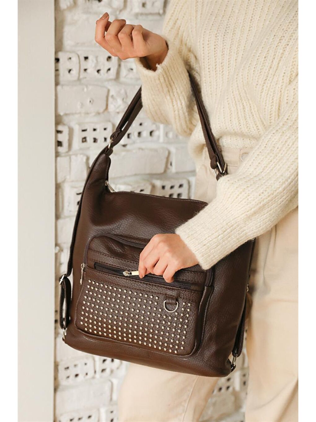 Zımbalı Çok Bölmeli Omuz Ve Sırt Çantası Kahverengi-5