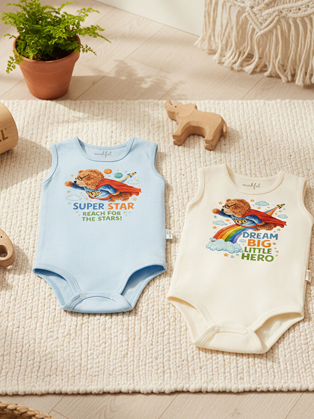 Kahverengi 2'Li Atlet %100 Pamuklu Çıtçıtlı Bebek Body Zıbın 886-885-2