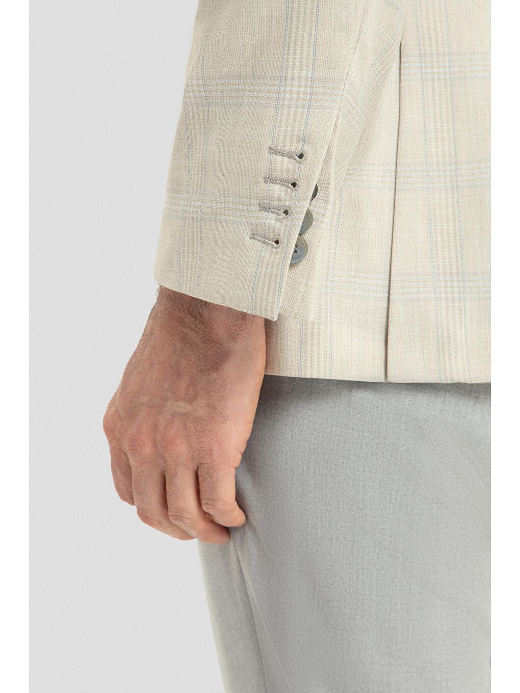 Ekru Erkek Krem Regular Fit Klasik Yaka Ekose Desenli Dokuma Ceket 6 Drop-4