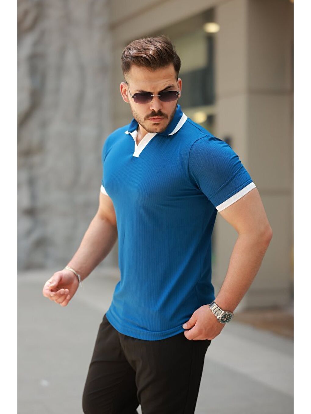 Mavi Erkek Hemşire Yaka Kısa Kollu Tişört-1