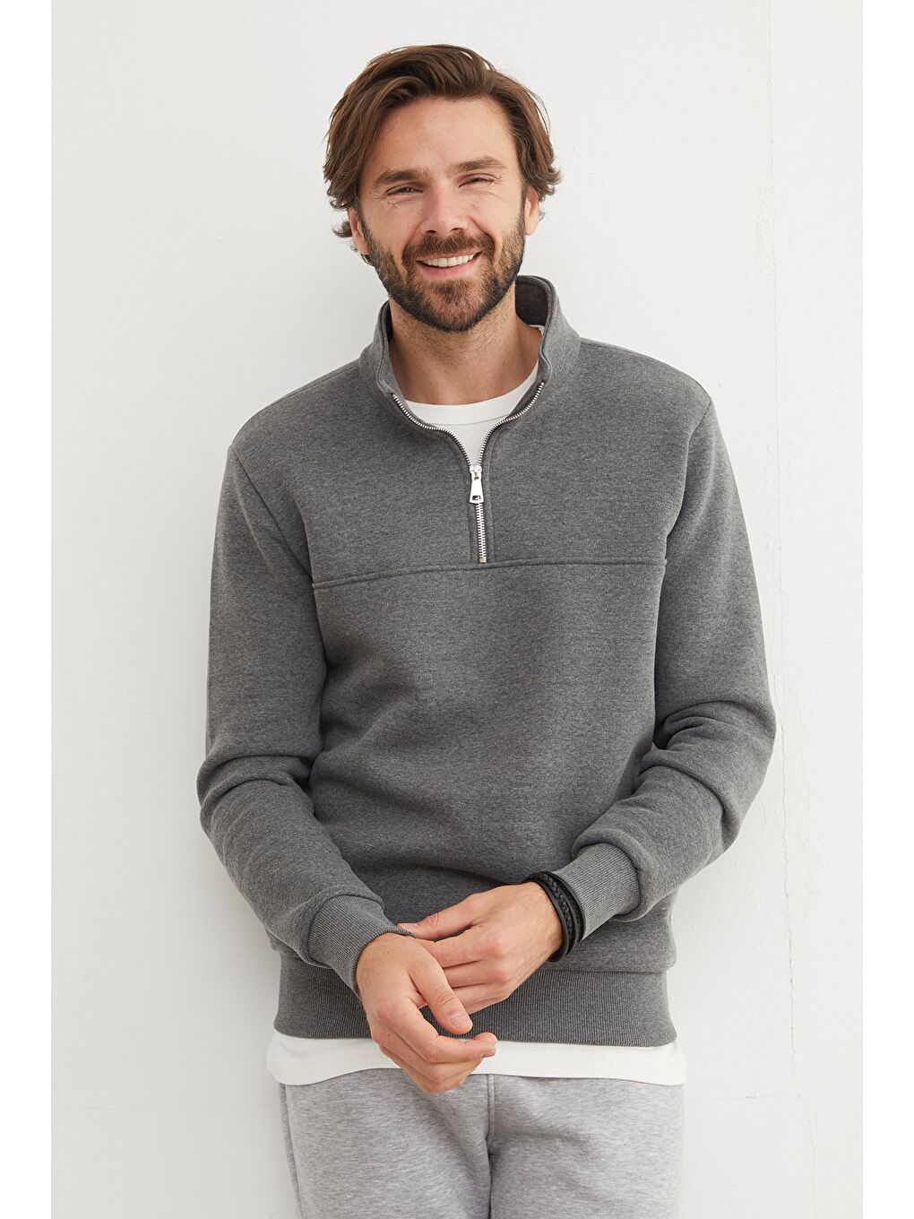 Antrasit 3 İplik Basic Dik Yaka Yarım Fermuarlı Sweatshirt