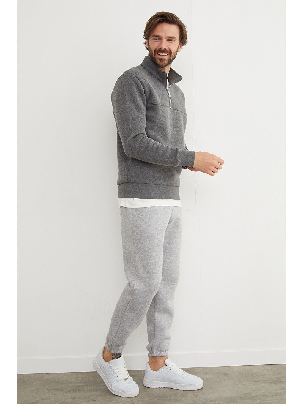 Antrasit 3 İplik Basic Dik Yaka Yarım Fermuarlı Sweatshirt-1