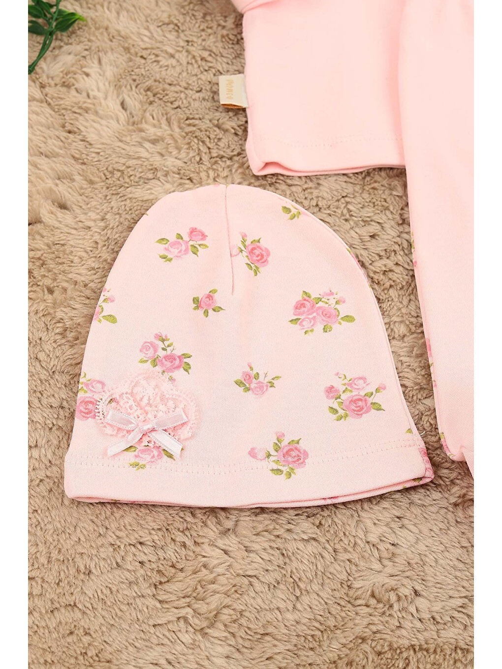 Pembe Kız Bebek Kaneviçe Gül Detaylı Fiyonklu 3 Parça Hastane Çıkışı / Zıbın Seti / Bebek Takım Yenidoğan-3