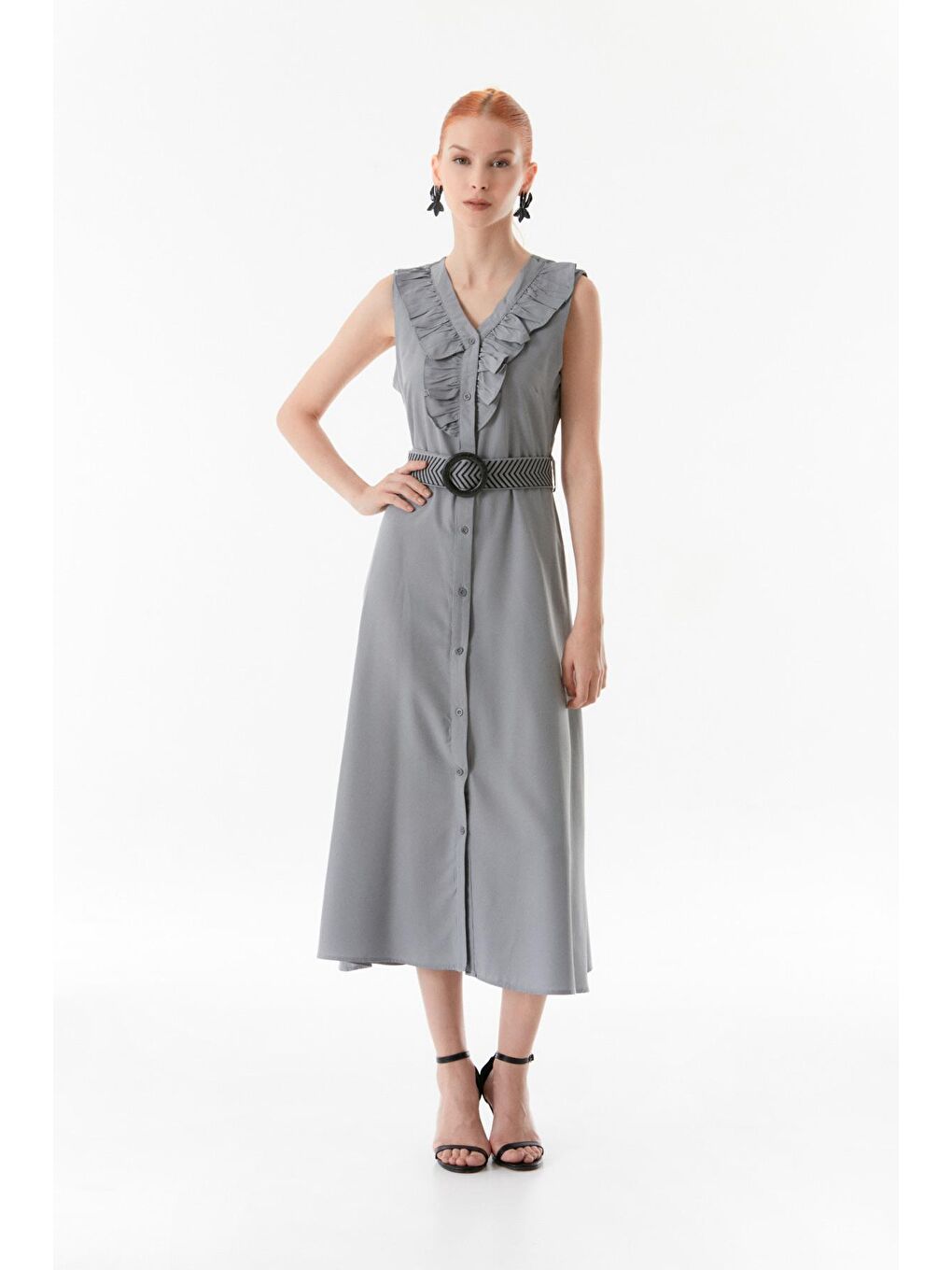Gri Önü Fırfırlı V Yaka Kemerli Elbise