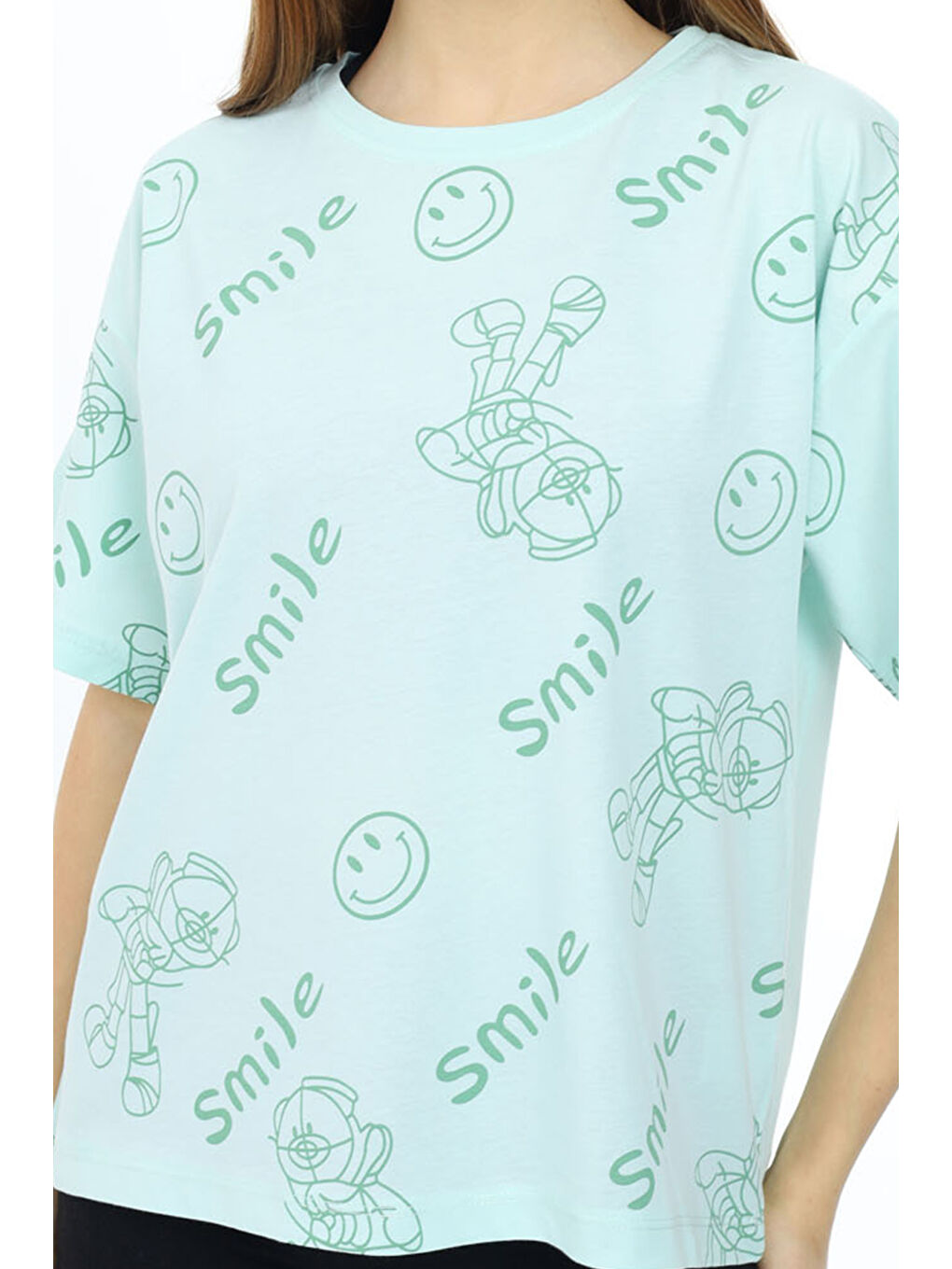 Pengai Yeşil Mint Smile Baskılı Bisiklet Yaka Kız Çocuk T-shirt 17768 - 2