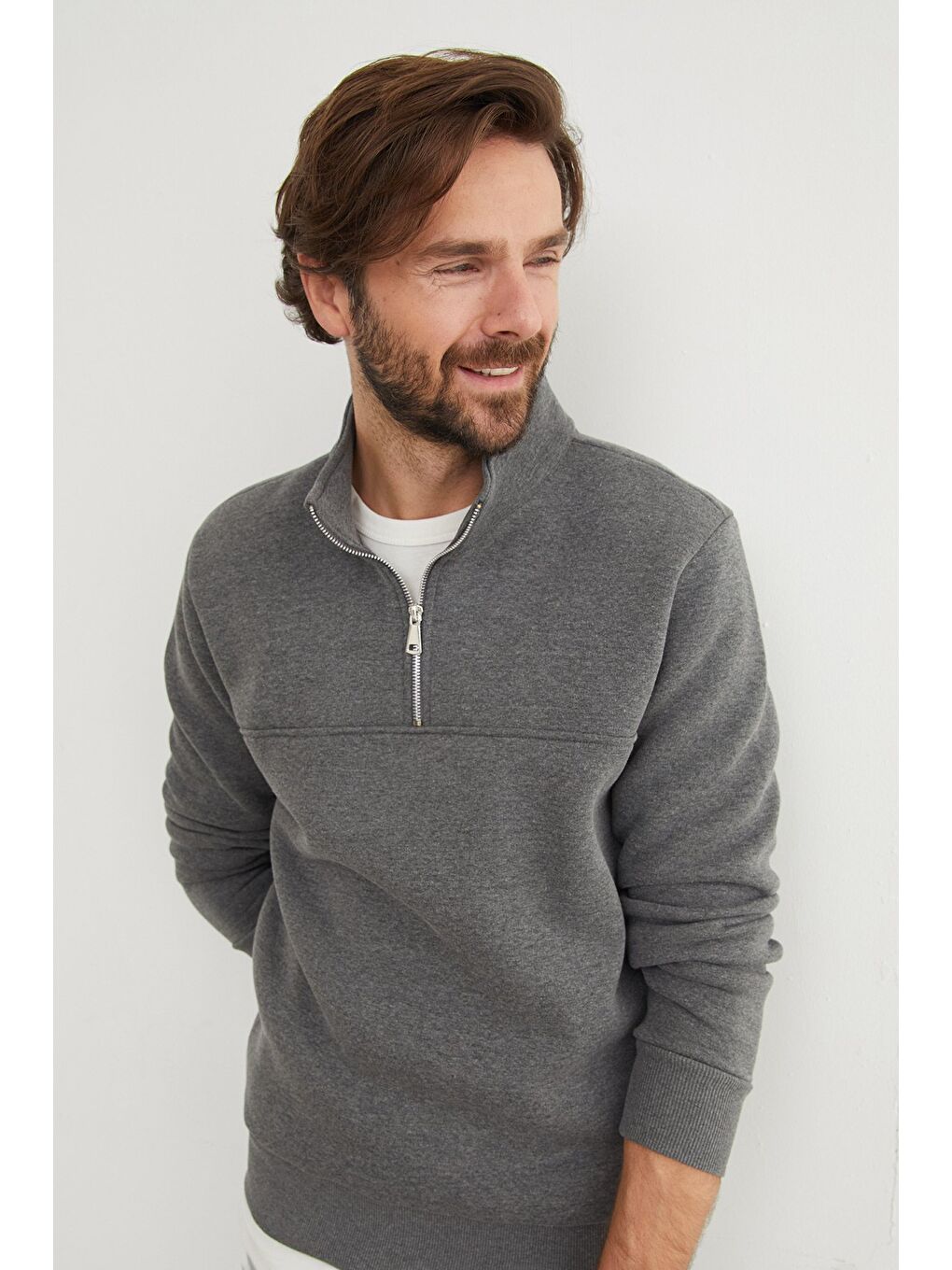 Antrasit 3 İplik Basic Dik Yaka Yarım Fermuarlı Sweatshirt-3