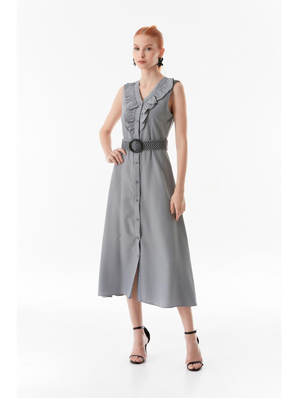 Gri Önü Fırfırlı V Yaka Kemerli Elbise-1