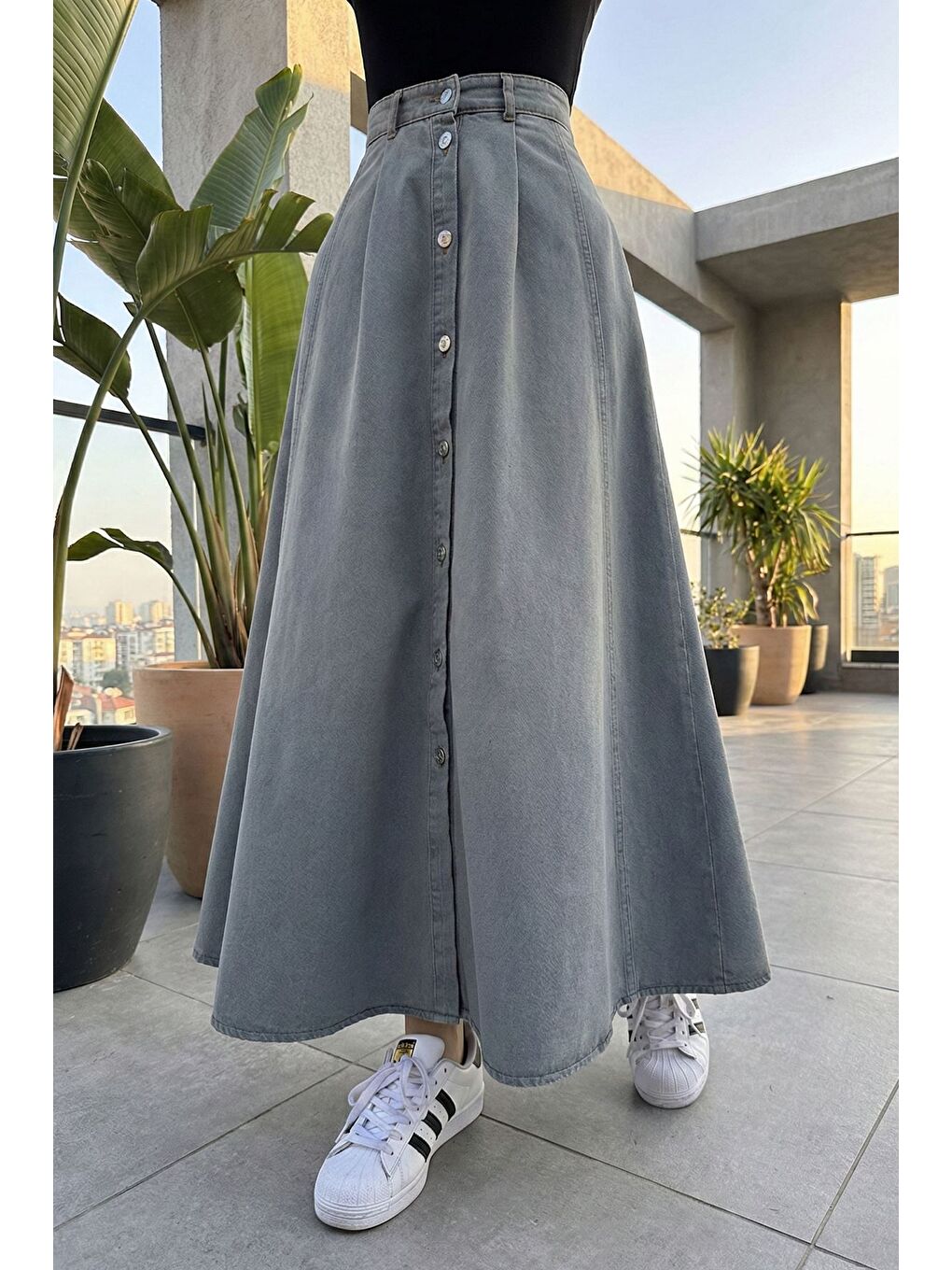 Mavi Tesettür Boydan Düğmeli Pileli Jean Jean Etek-3