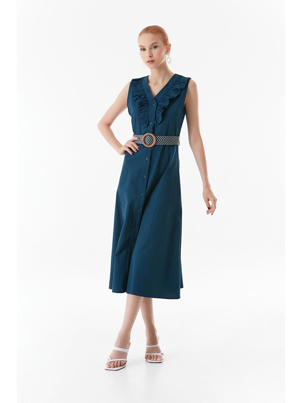 İndigo Önü Fırfırlı V Yaka Kemerli Elbise-1
