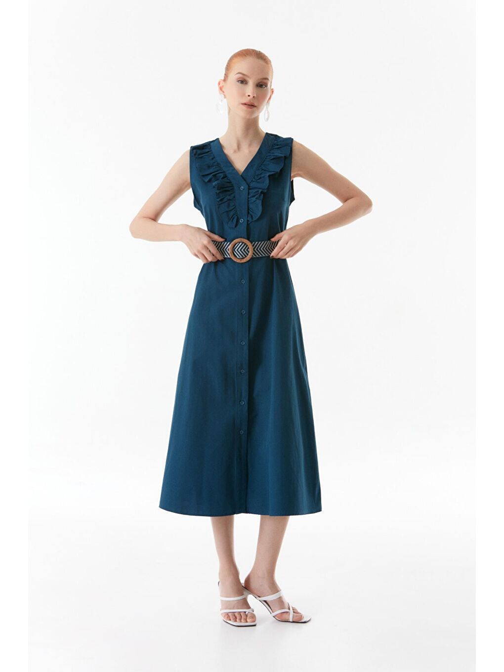 İndigo Önü Fırfırlı V Yaka Kemerli Elbise-2