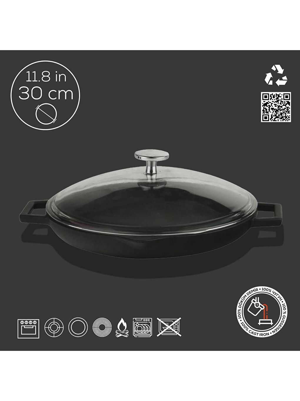 Siyah Yuvarlak Kızartma Tavası Cam Kapaklı Döküm Demir Yekpare Çift Kulplu Çap(Ø)30cm.-1