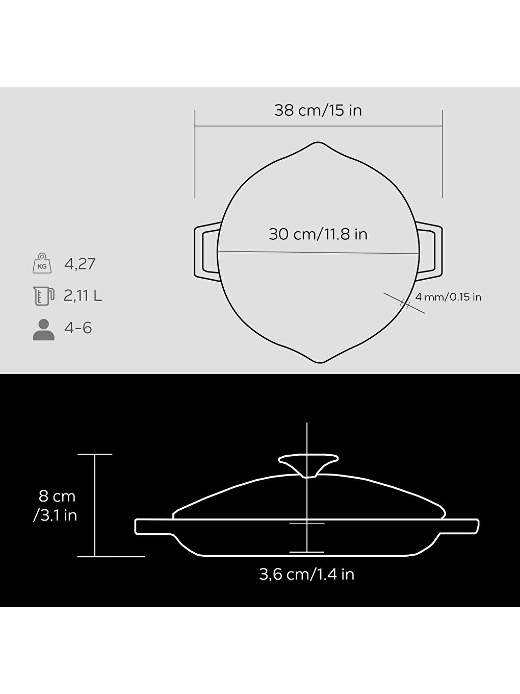 Siyah Yuvarlak Kızartma Tavası Cam Kapaklı Döküm Demir Yekpare Çift Kulplu Çap(Ø)30cm.-2