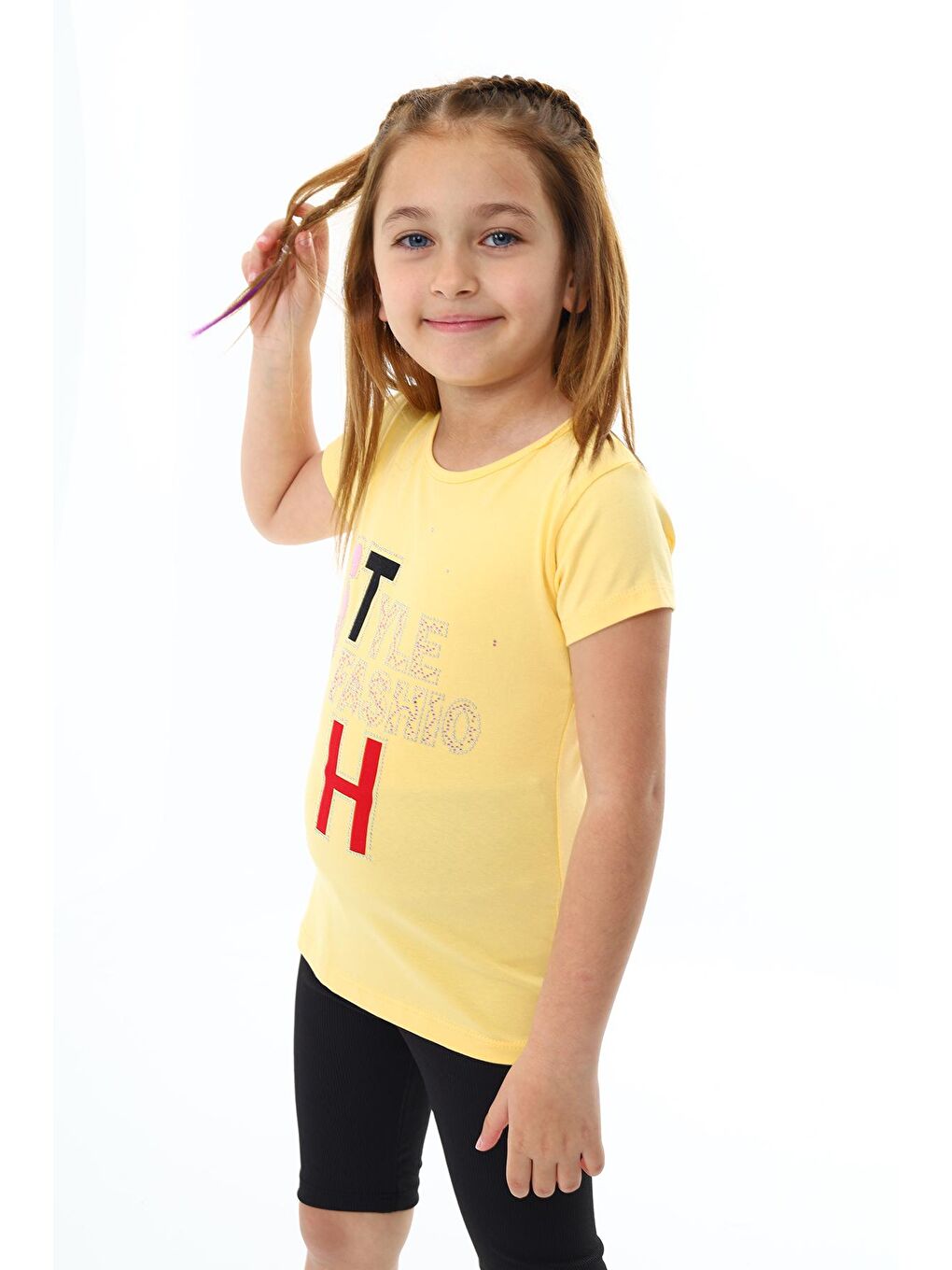 Sarı Kız Çocuk Taş Süsleme ve Yazı Baskılı T-Shirt 3-13 Yaş Zu111-1-1