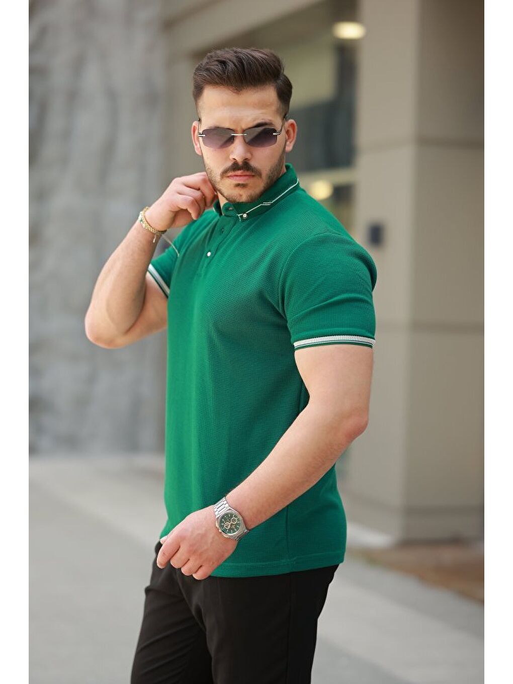 Yeşil Erkek Düğmeli Yaka Waffle Kumaş Kısa Kollu Tişört-1