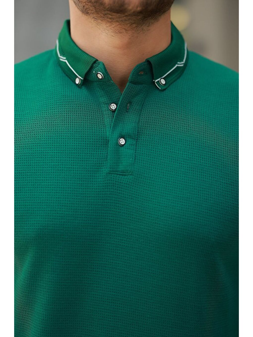 Yeşil Erkek Düğmeli Yaka Waffle Kumaş Kısa Kollu Tişört-2