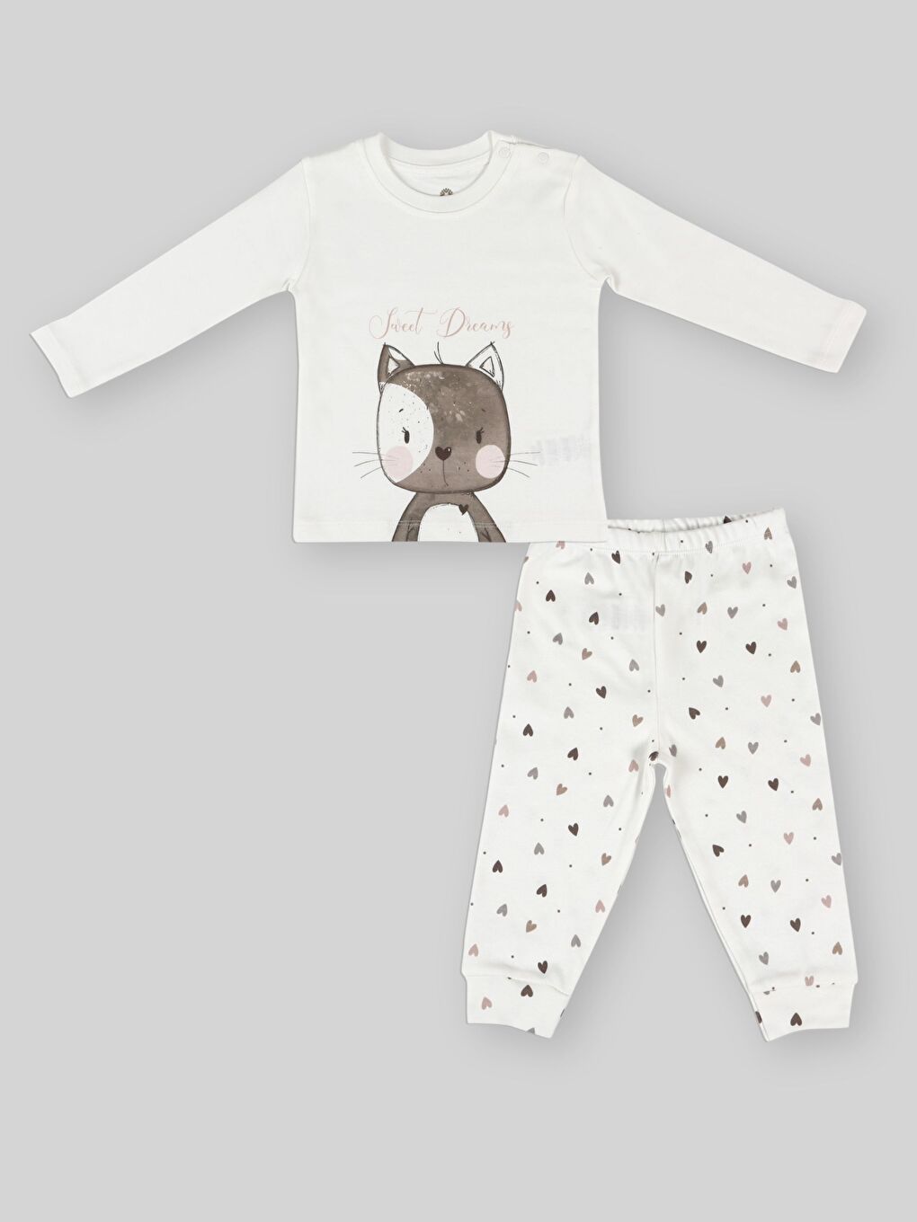 Ekru Bisiklet Yaka Uzun Kollu Kız Bebek Pijama Takımı