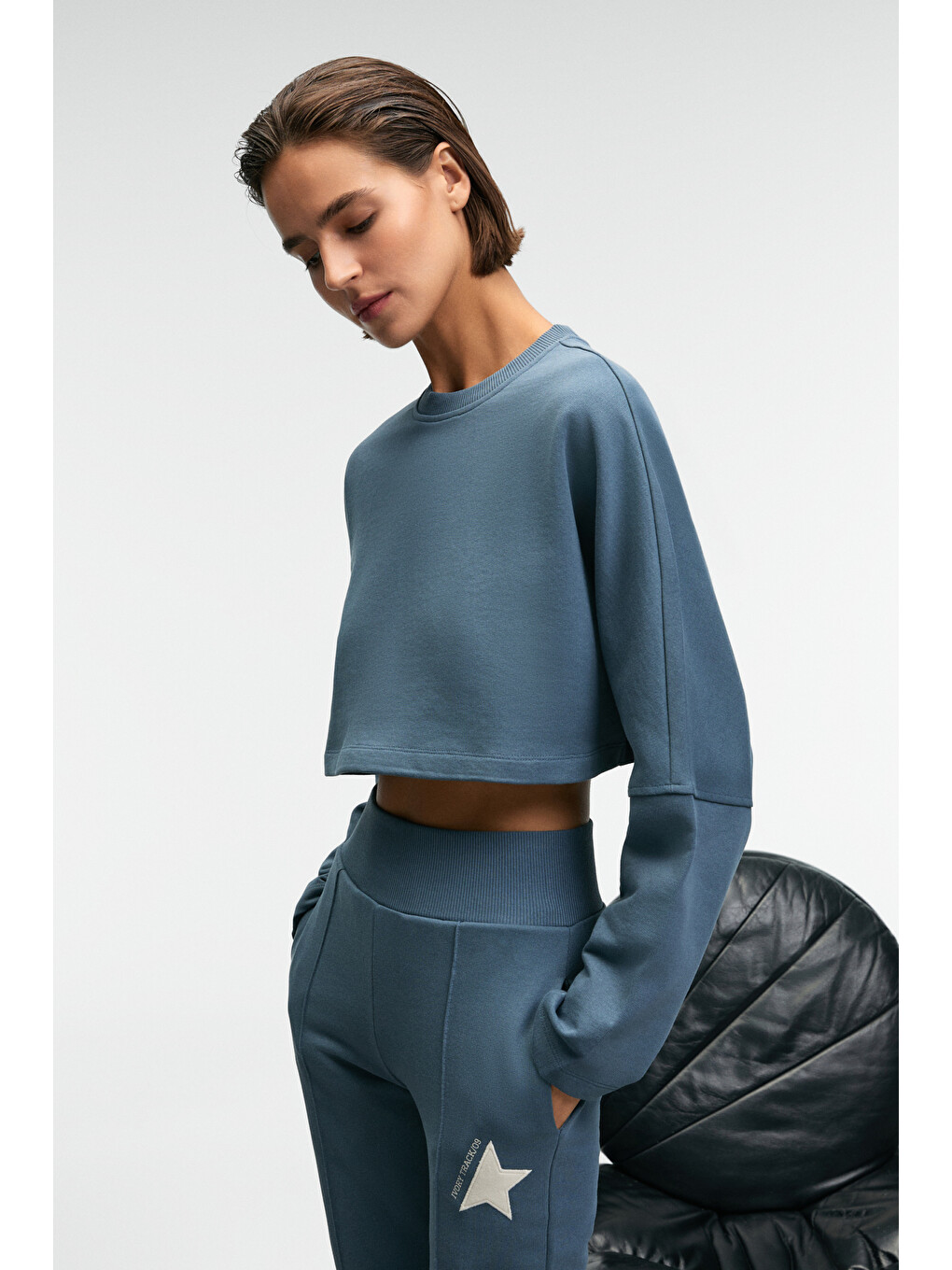 Anouk Kadın Pamuklu Baskı Ve Patch Detaylı Bisiklet Yaka Crop Petrol-mavi Sweatshirt-3