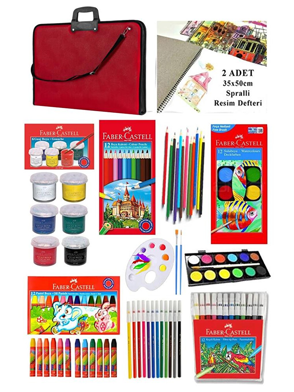 Öğrenci Boyama Seti 11 Parça 1 Paket 35x50 Resim Çantası Resim Defter Fabe Sulu - Kuru -pastel Boya