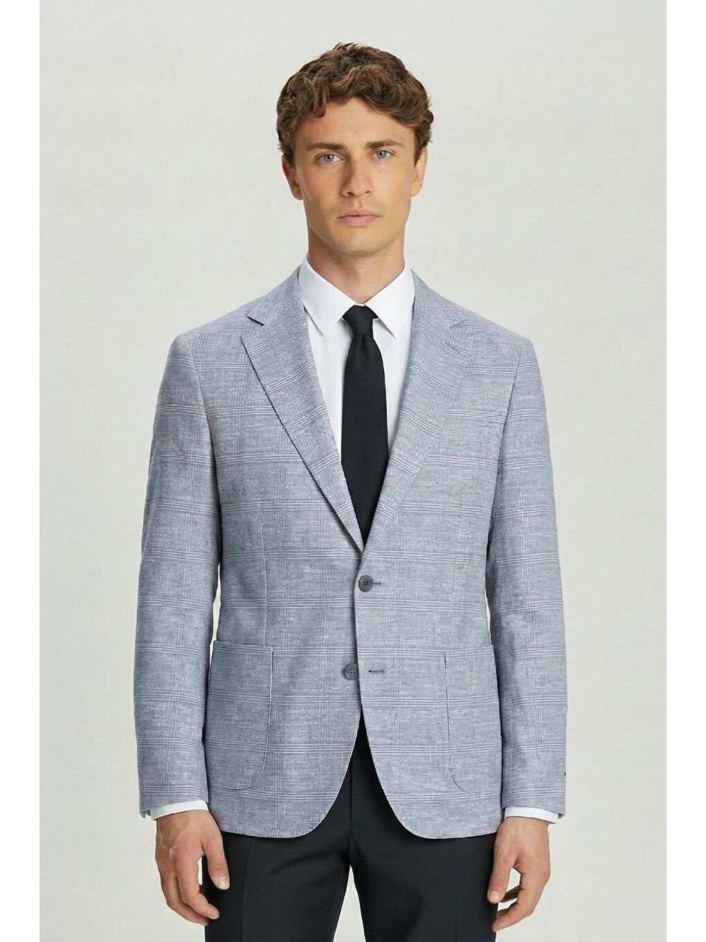 Erkek Gri Regular Fit Klasik Yaka Ekose Desenli Dokuma Ceket 6 Drop