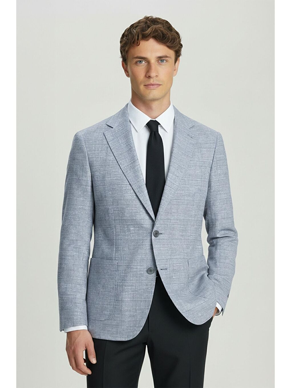 Erkek Gri Regular Fit Klasik Yaka Ekose Desenli Dokuma Ceket 6 Drop-1