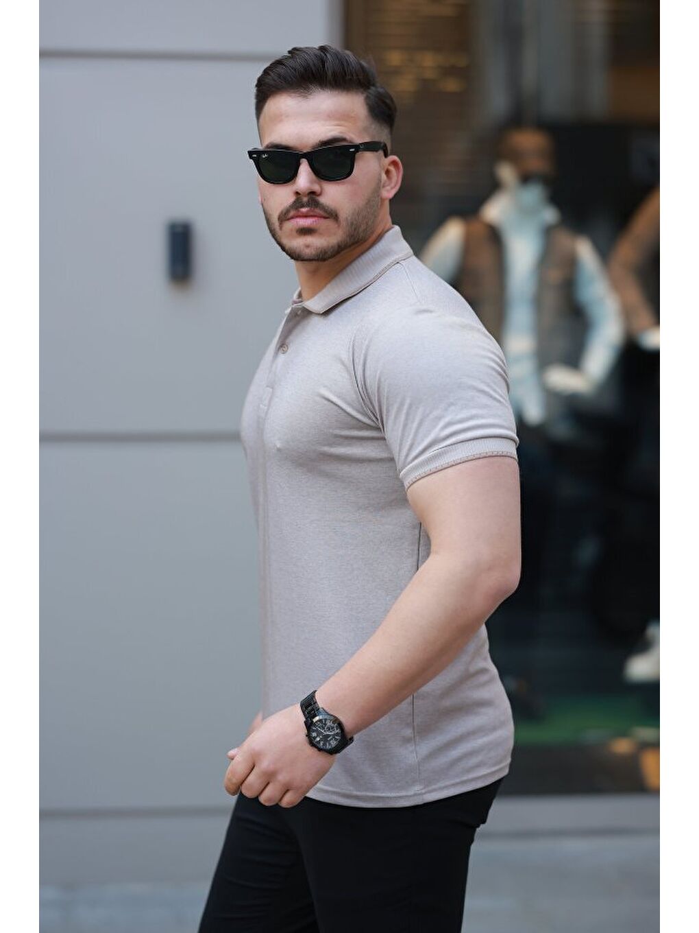 Bej Erkek Yakalı Kagi Kumaş Kısa Kollu T-shirt-1