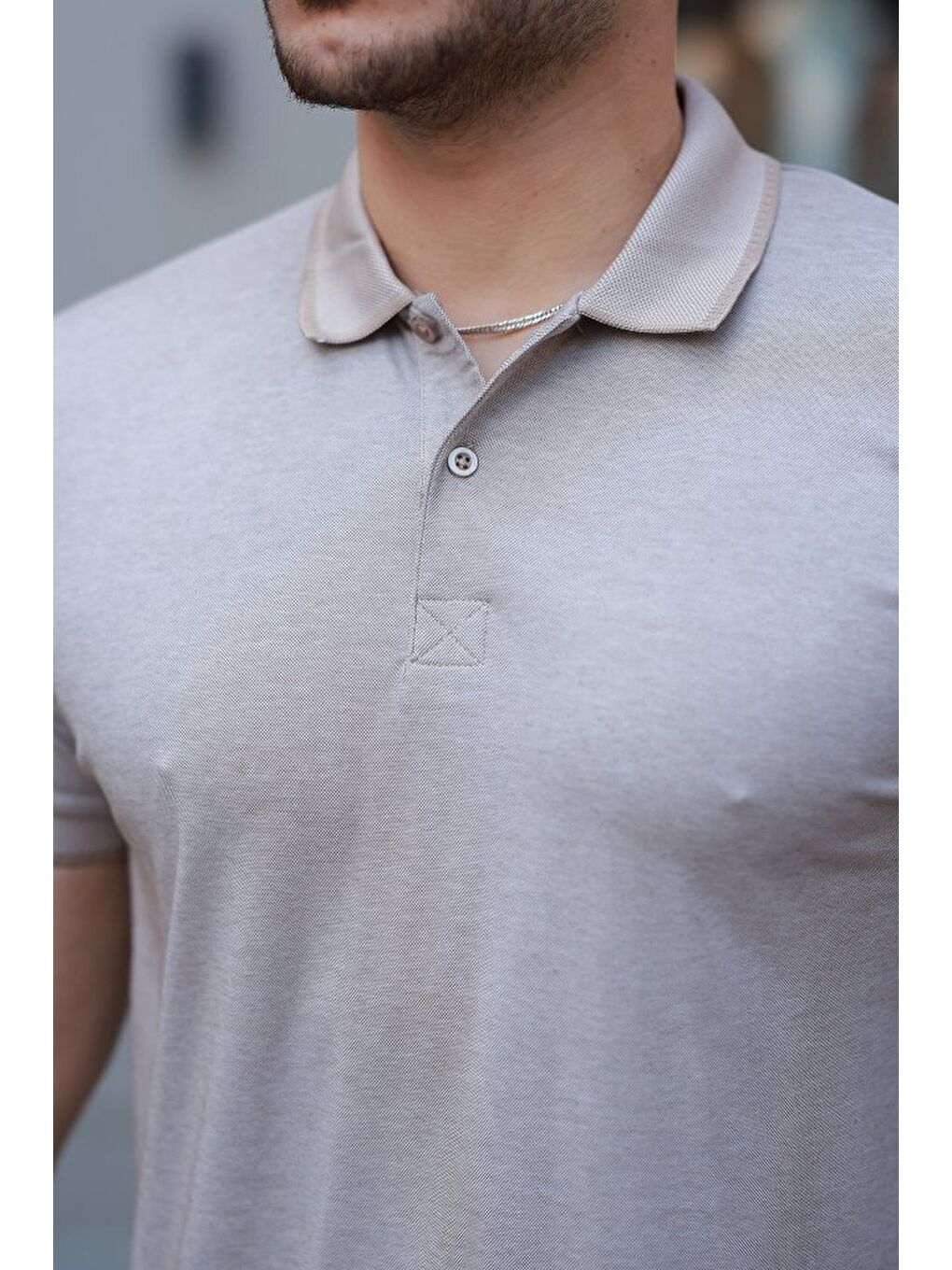 Bej Erkek Yakalı Kagi Kumaş Kısa Kollu T-shirt-2