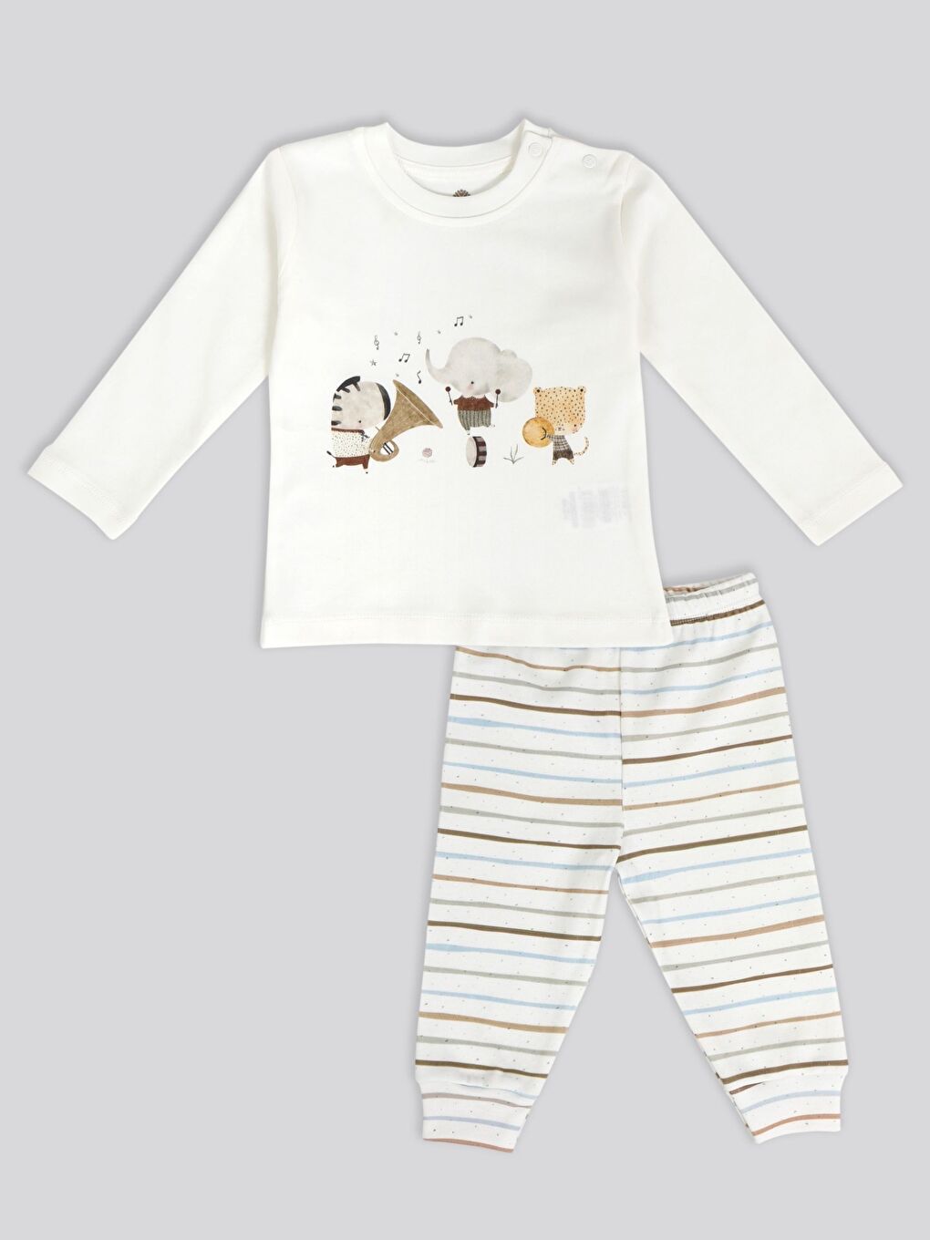 Ekru Bisiklet Yaka Baskılı Erkek Bebek Pijama Takımı