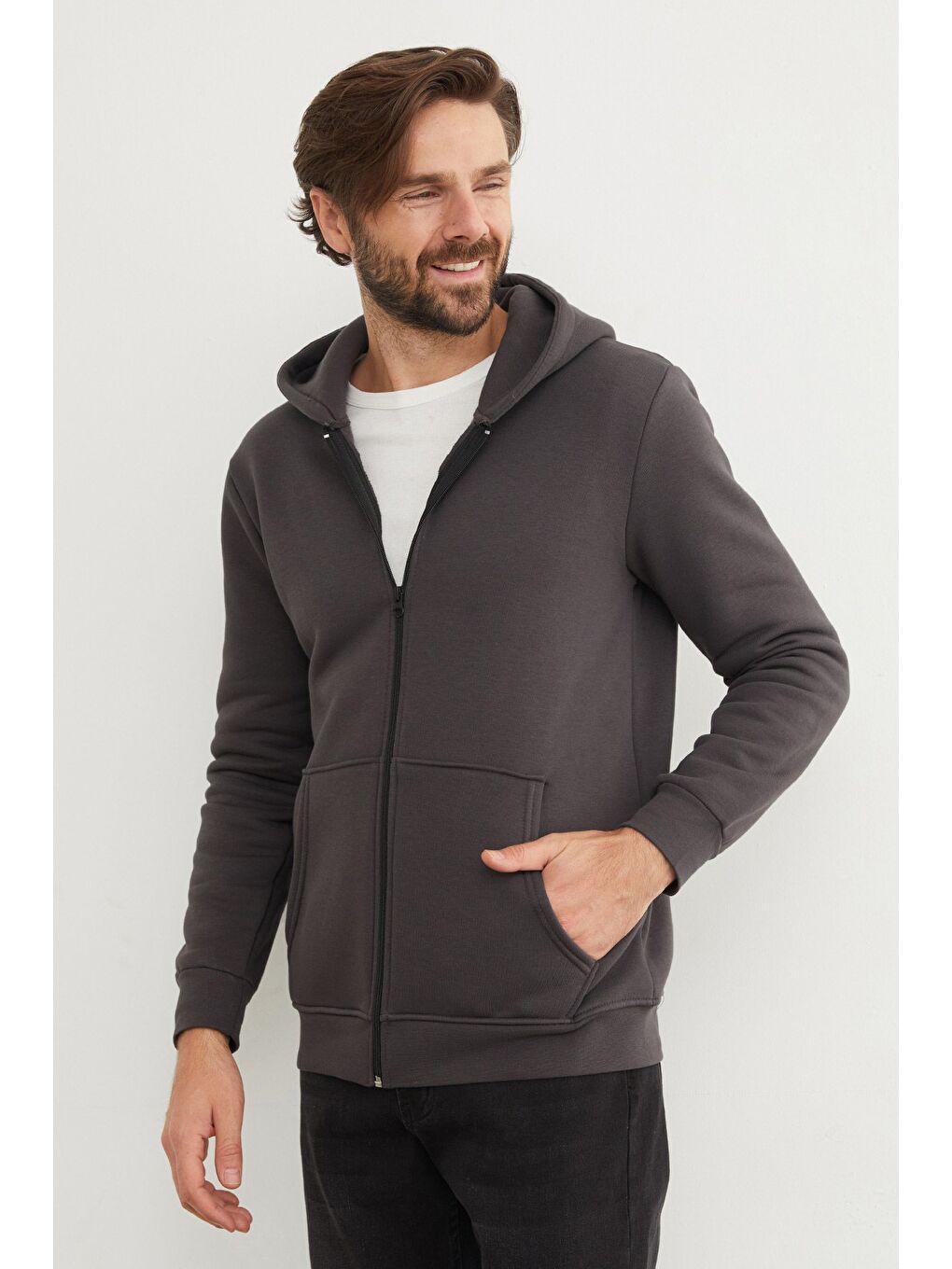 Gri 3 İplik Fermuarlı Kanguru Cepli Sweatshirt-4