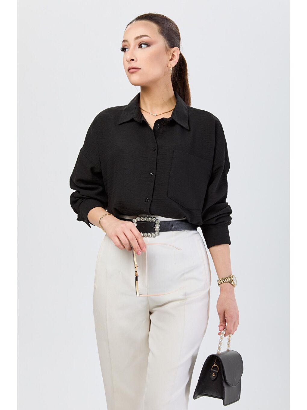 Gömlek Yaka Kadın Siyah Gömlek - 24195-1
