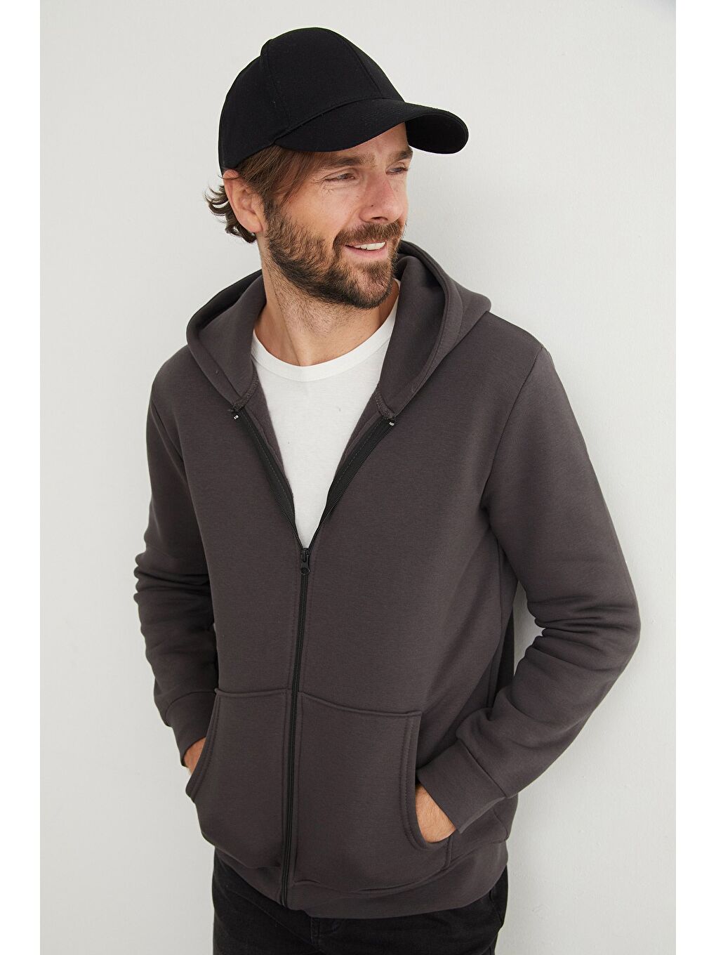 Gri 3 İplik Fermuarlı Kanguru Cepli Sweatshirt-3