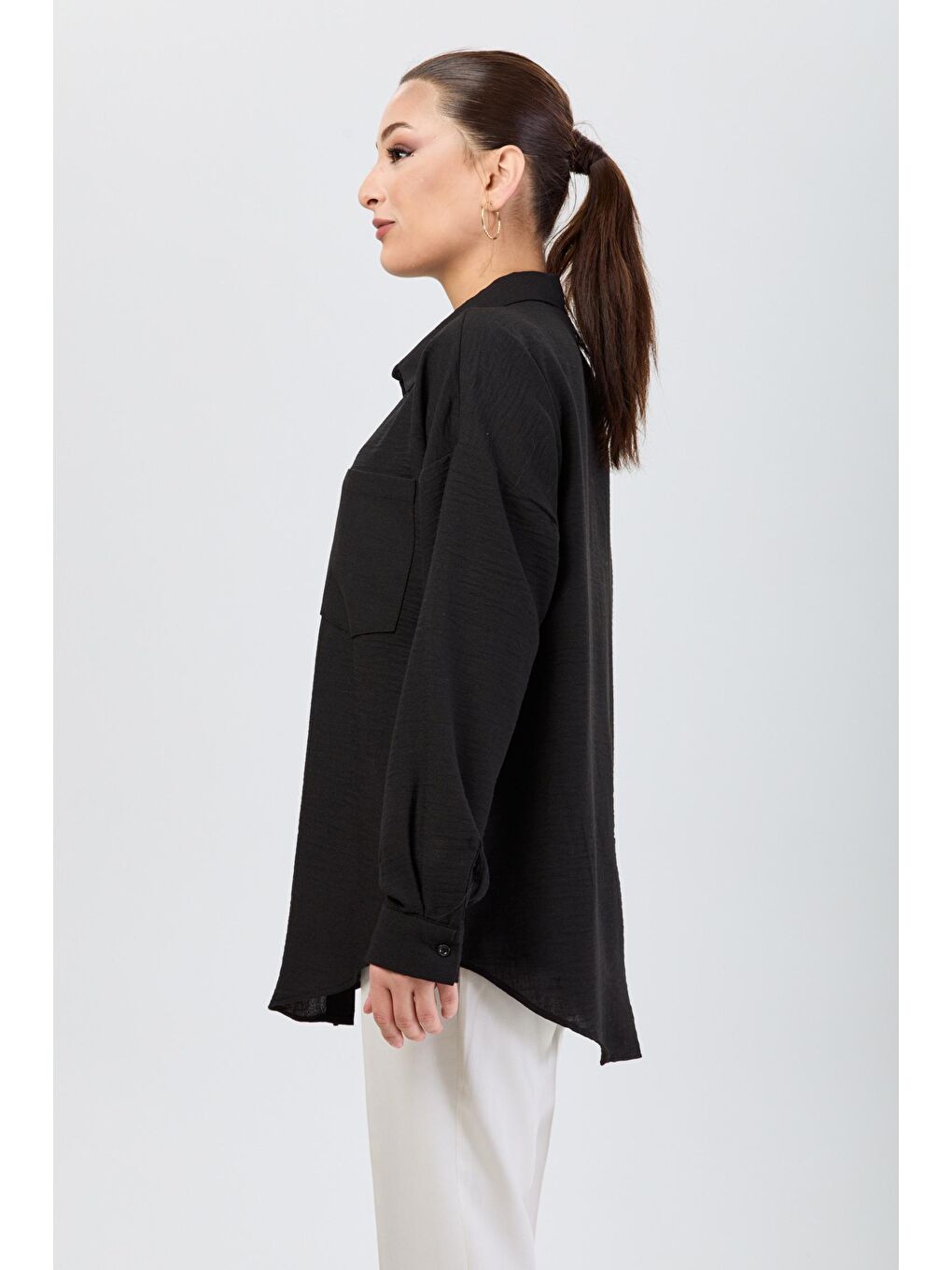 Gömlek Yaka Kadın Siyah Gömlek - 24195-2