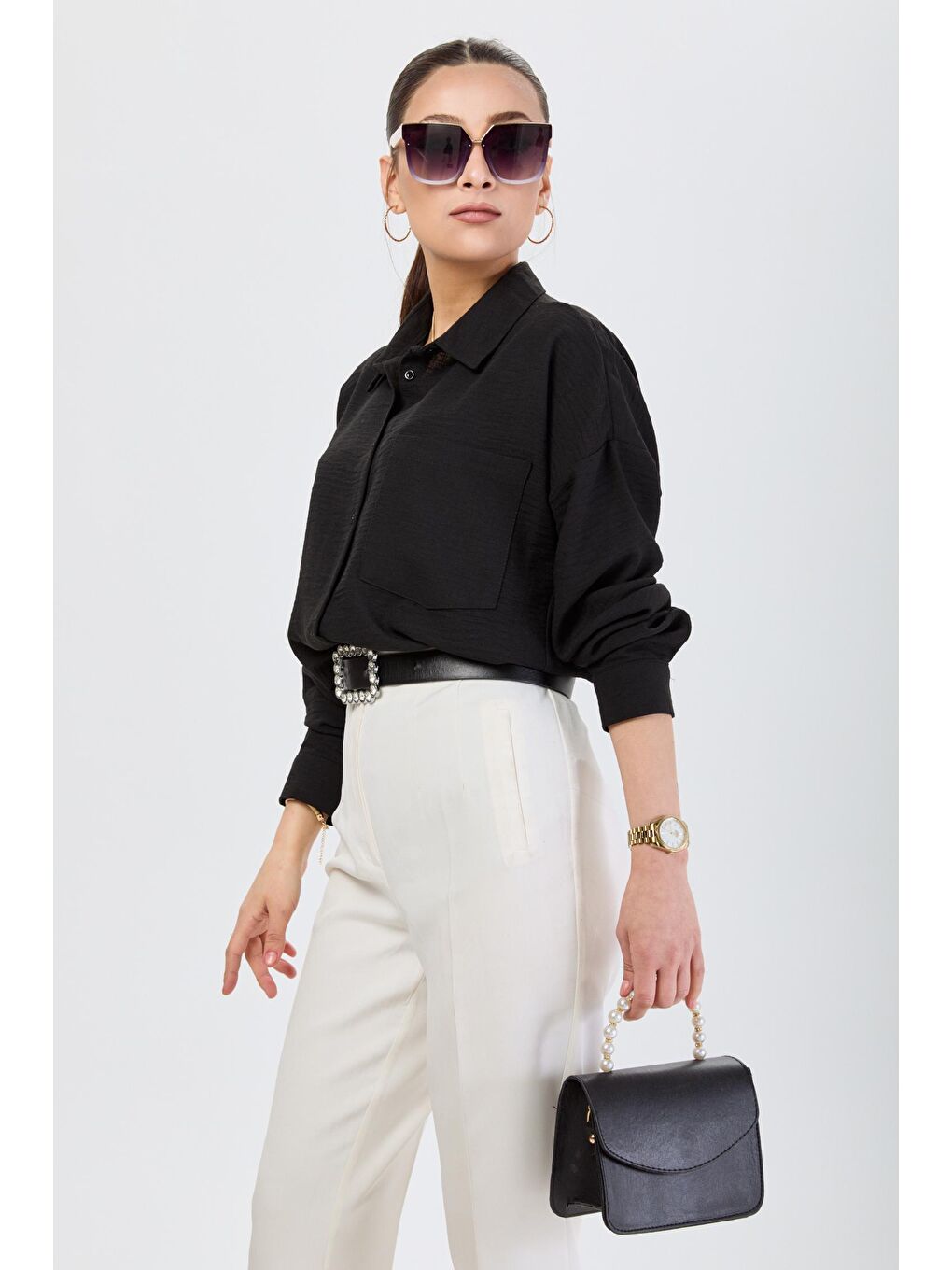 Gömlek Yaka Kadın Siyah Gömlek - 24195-3