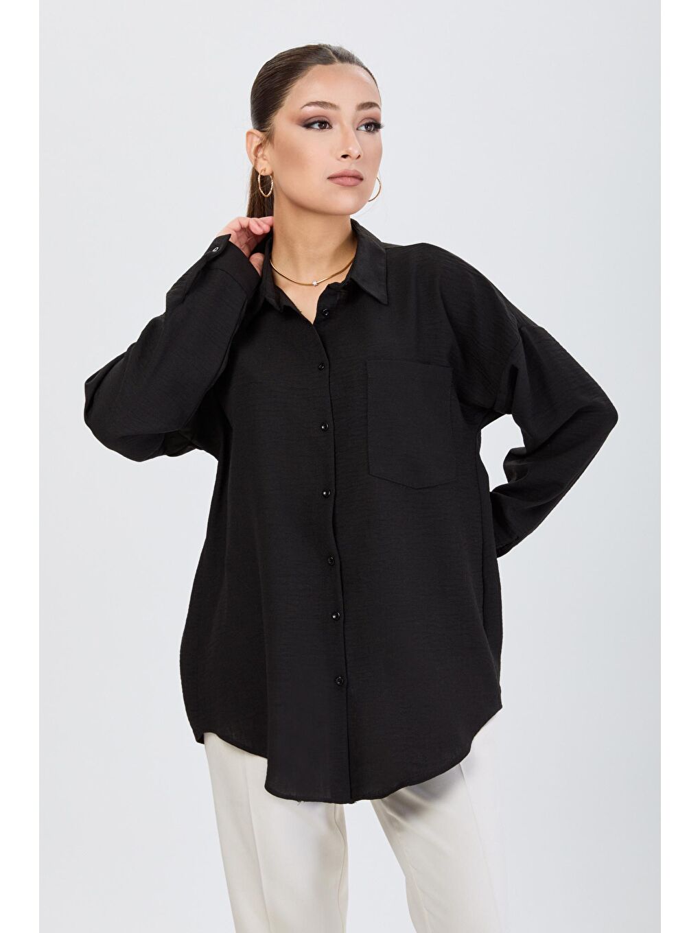 Gömlek Yaka Kadın Siyah Gömlek - 24195-4