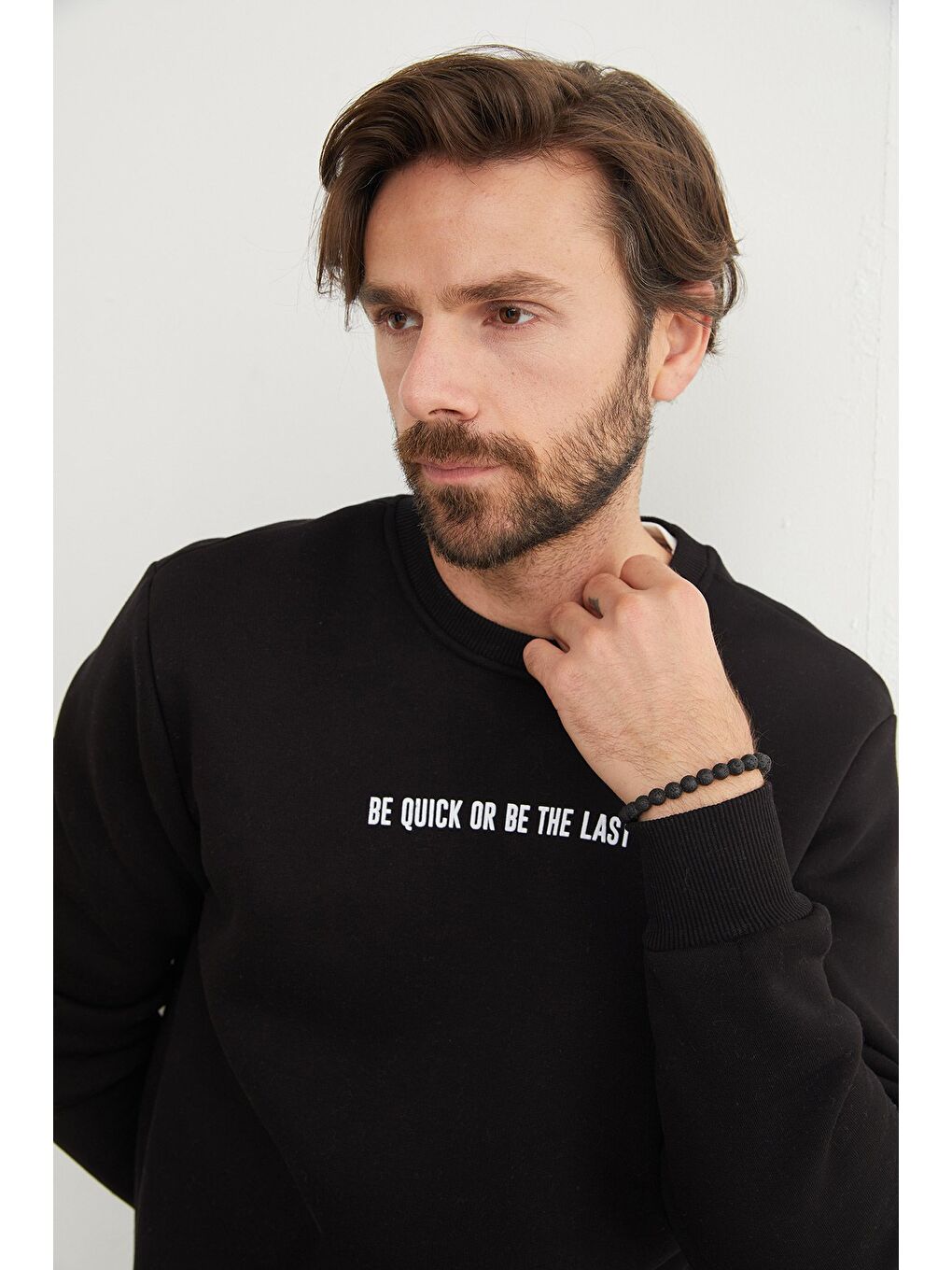 Siyah 3 İplik Yazı Baskılı Bisiklet Yaka Büyük Beden Sweatshirt-1